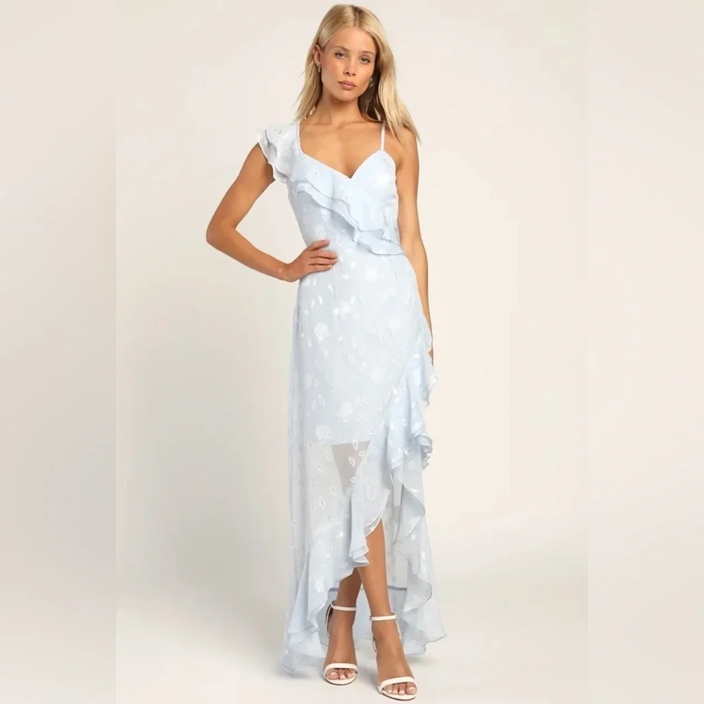 Lulus light blue floral jacquard ruffled maxi dress